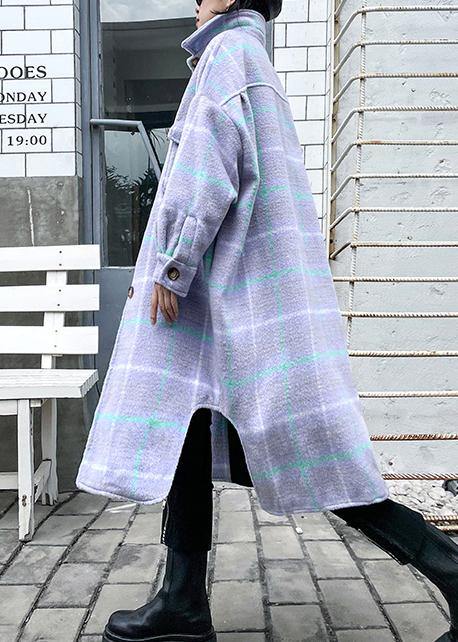 WW | Light Blue Plaid Wool Coat Winter Lapel Asymmetrical Coats