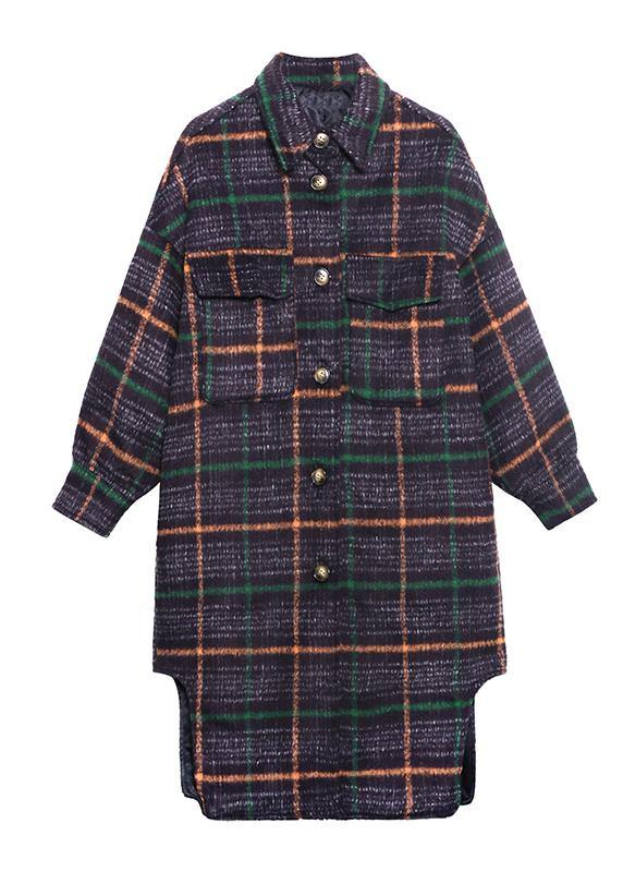 WW | Light Blue Plaid Wool Coat Winter Lapel Asymmetrical Coats