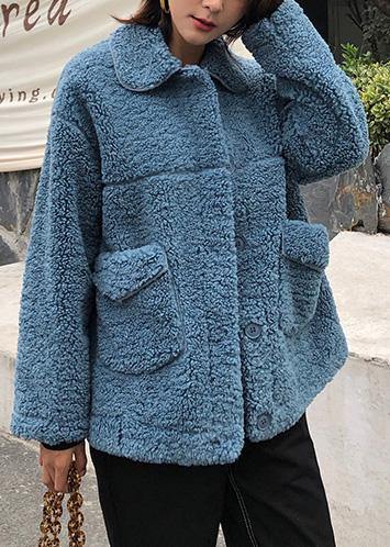 WW | Plus Size Coats Winter Wool Outwear Blue Lapel Collar Wool Coat for Women