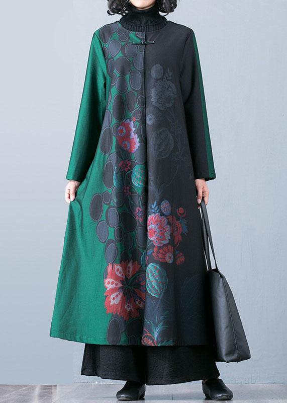 WW | Plus-Size Maxi-Mantel Trenchcoats Grüne Drucke O-Ausschnitt Übermantel