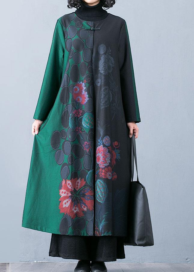 WW | Plus-Size Maxi-Mantel Trenchcoats Grüne Drucke O-Ausschnitt Übermantel