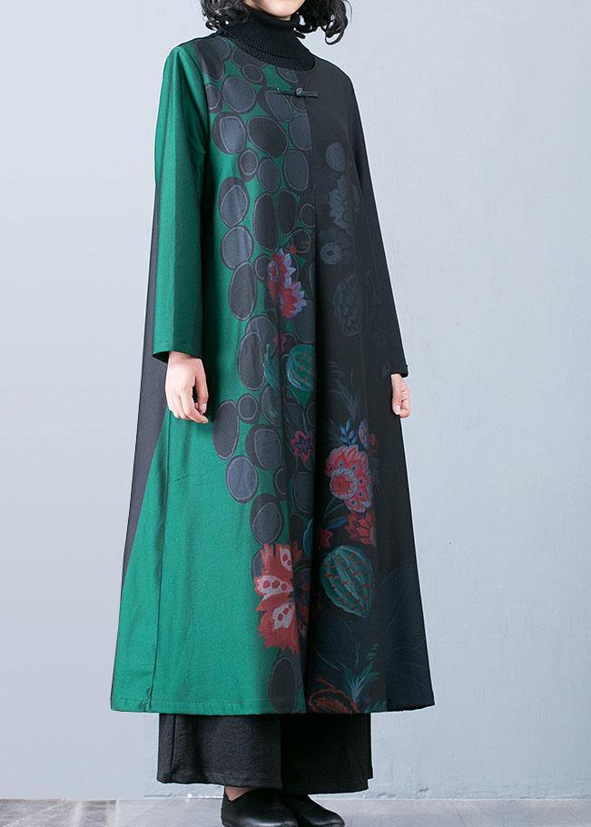 WW | Plus-Size Maxi-Mantel Trenchcoats Grüne Drucke O-Ausschnitt Übermantel