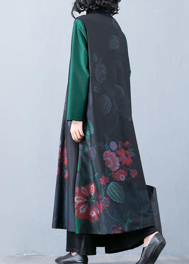 WW | Plus Size Maxi Trench Coat Green Prints O-Neck Overcoat