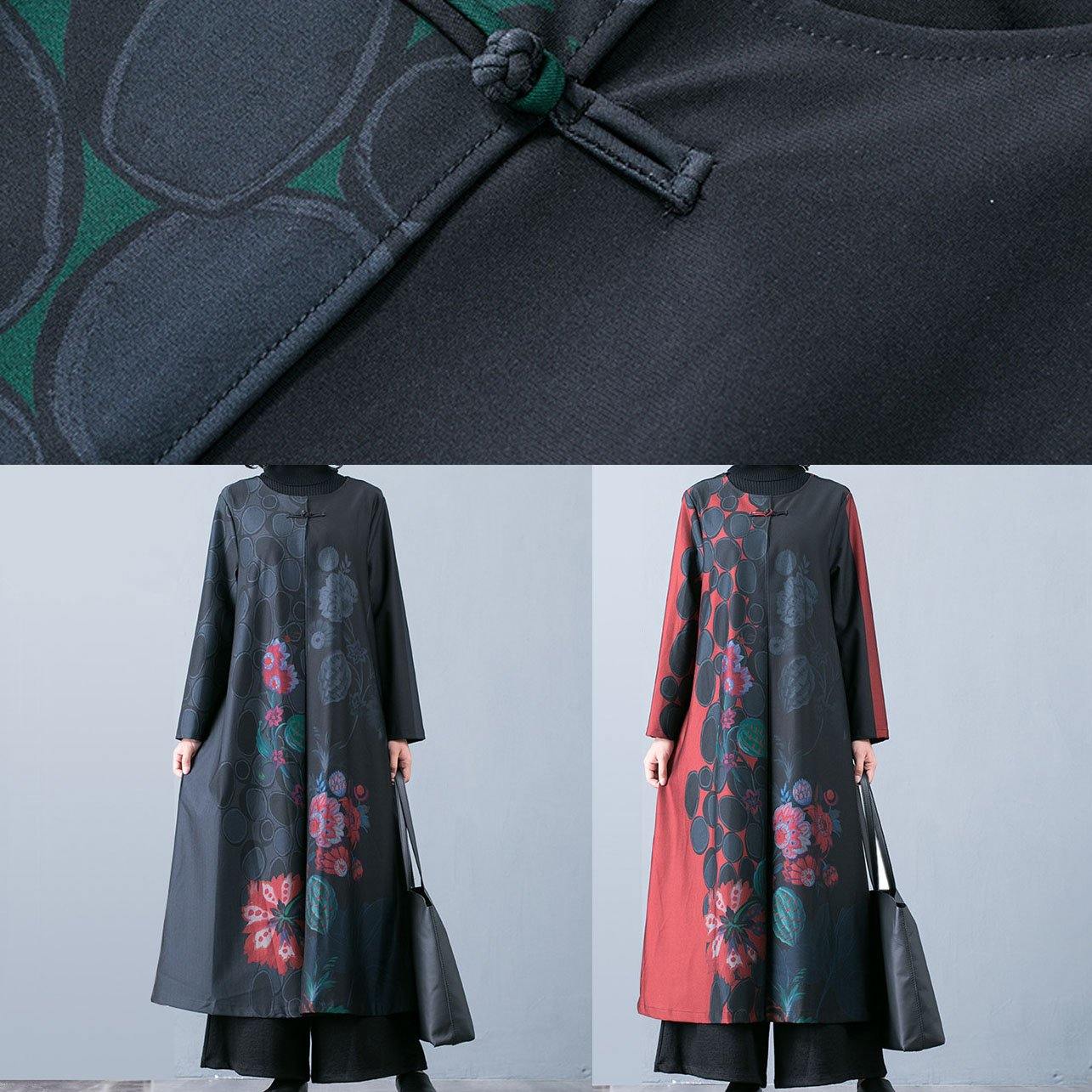 WW | Plus Size Maxi Trench Coat Green Prints O-Neck Overcoat