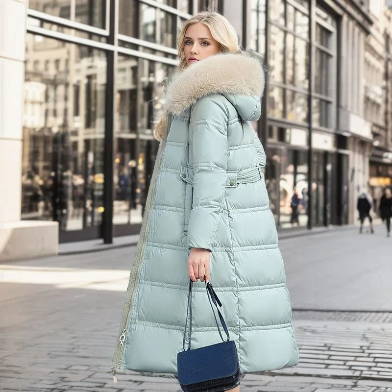 WW | Lange Winterjacke Puffer Design Kunstfell Kapuze Taillengürtel Warm Und Isolierend