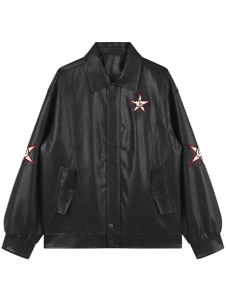 WW | Leather jacket with lapel collar and embroidery
