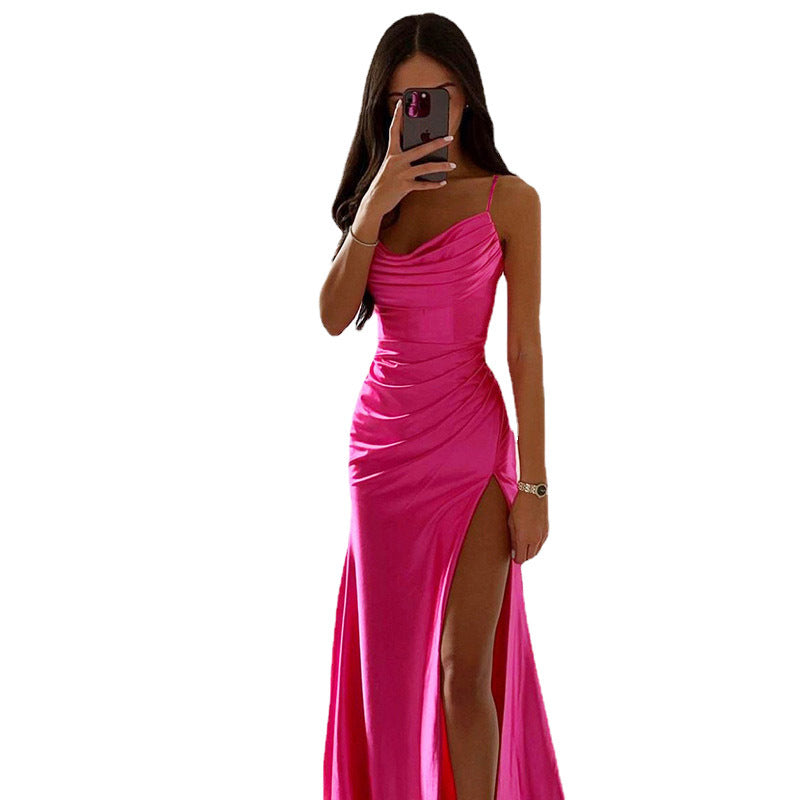WW | Glänzendes Satin Falten Spalte Abend Maxi Kleid