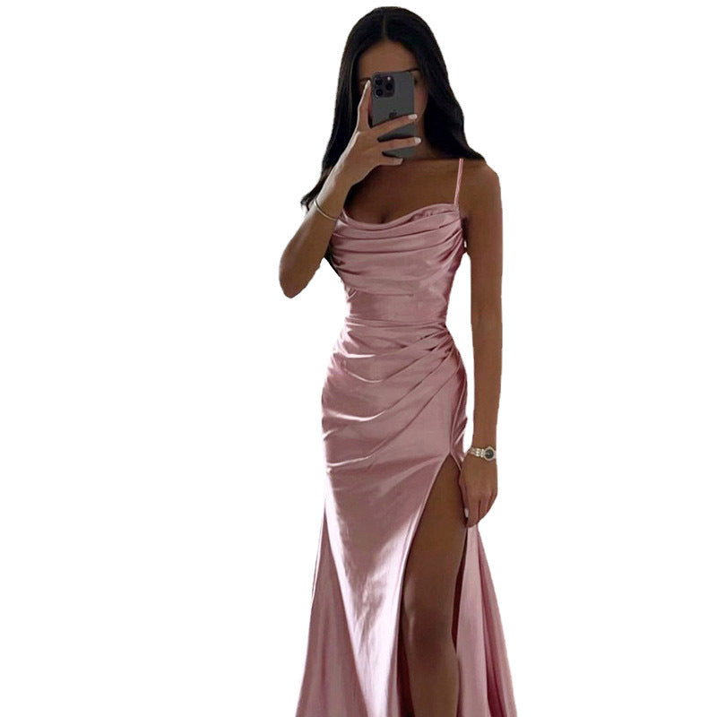 WW | Glänzendes Satin Falten Spalte Abend Maxi Kleid
