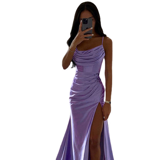 WW | Glänzendes Satin Falten Spalte Abend Maxi Kleid