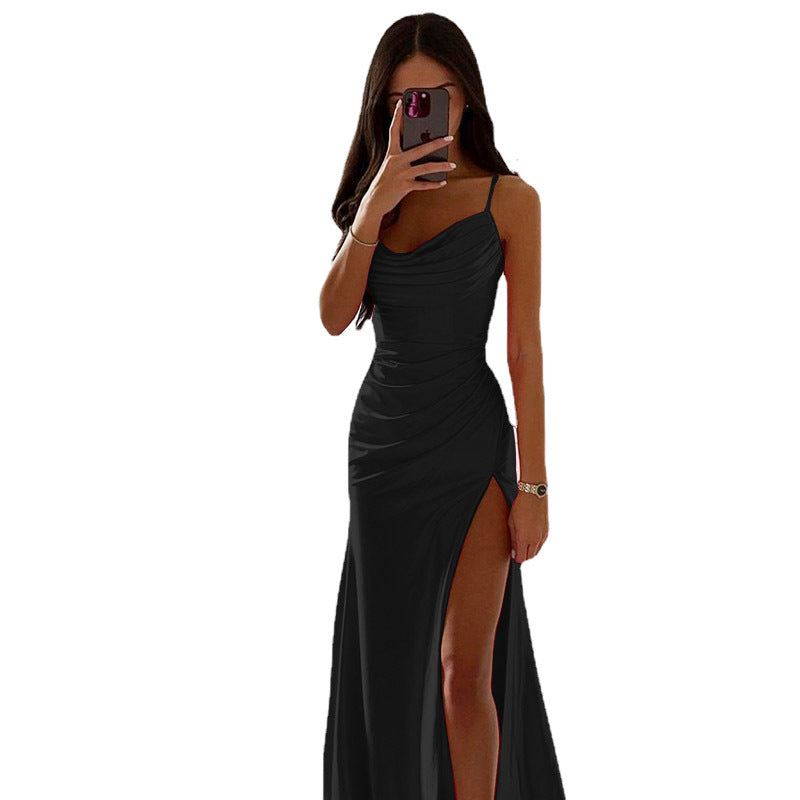 WW | Glänzendes Satin Falten Spalte Abend Maxi Kleid