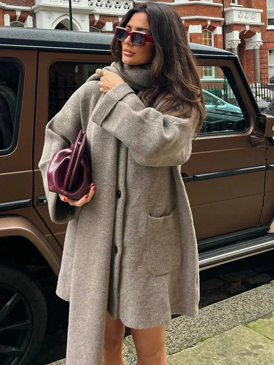WW | Women's Oversized Single-Breasted Shawl Coat, Mid-Length Model