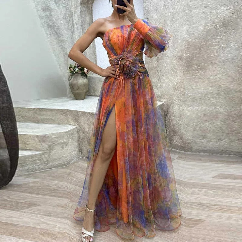 WW | Damen Schulterfreies Partykleid Mit Print