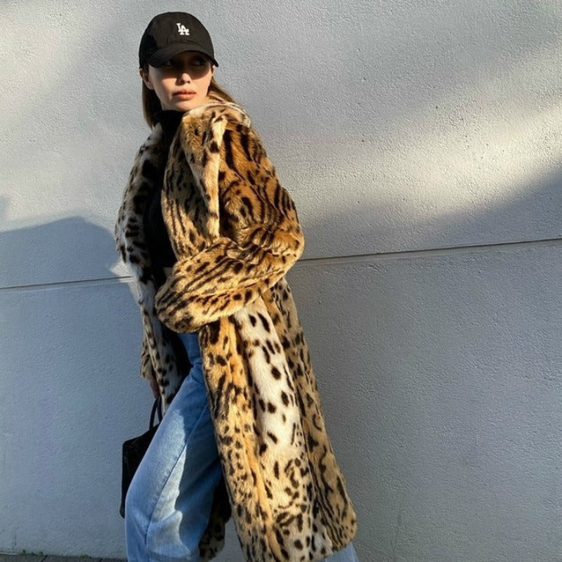 WW | Long Faux Fur Plus Size Animal Print Open Front Collar
