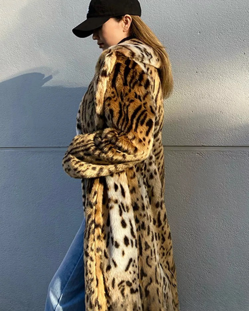 WW | Long Faux Fur Plus Size Animal Print Open Front Collar