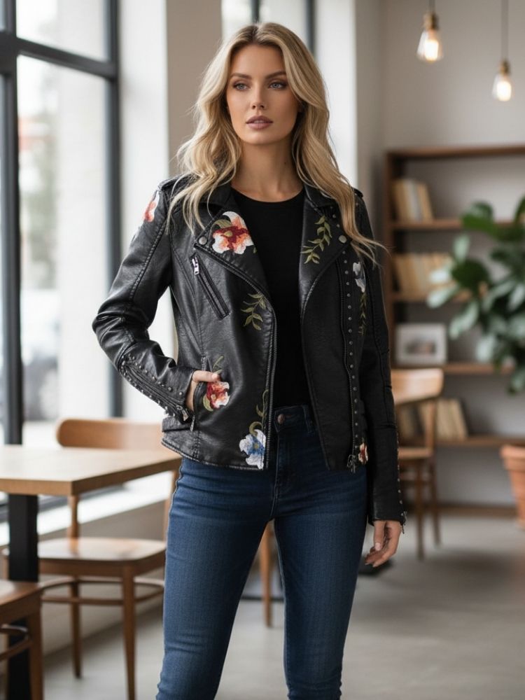 WW | Lederjacke für Damen mit gestickten Blumen, schick und elegant