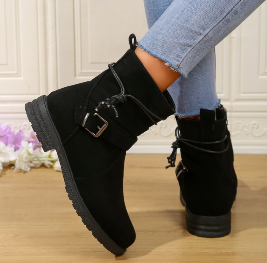 WW | Suede Ankle Boots Round Toe Zip And Decorative Buckle