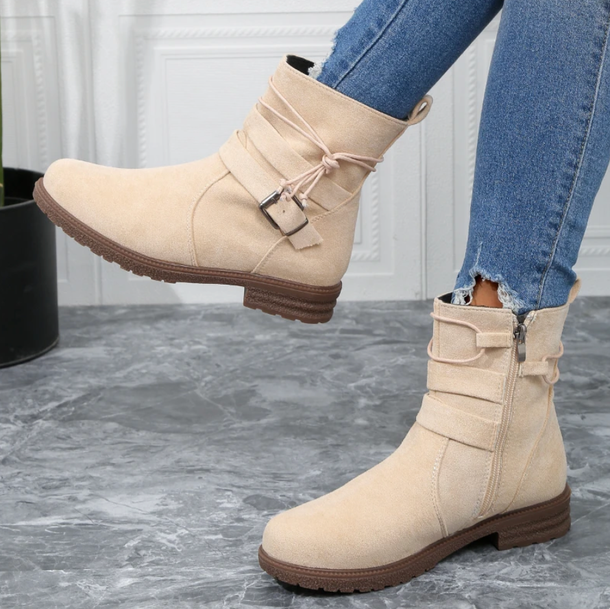 WW | Suede Ankle Boots Round Toe Zip And Decorative Buckle