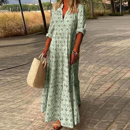 WW | Lange Ärmel V-Ausschnitt Boho Kleid Sommerkleid