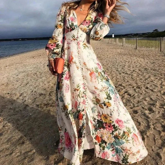 WW | Floral Long Sleeve V-Neck Boho Sundress
