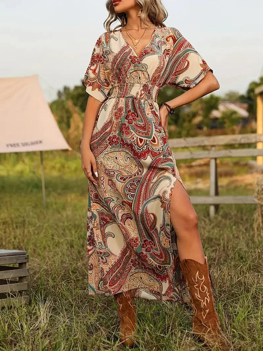 WW | Maxi Dress, Paisley Print, Short Sleeve, Boho Dress, Maxi Sundress