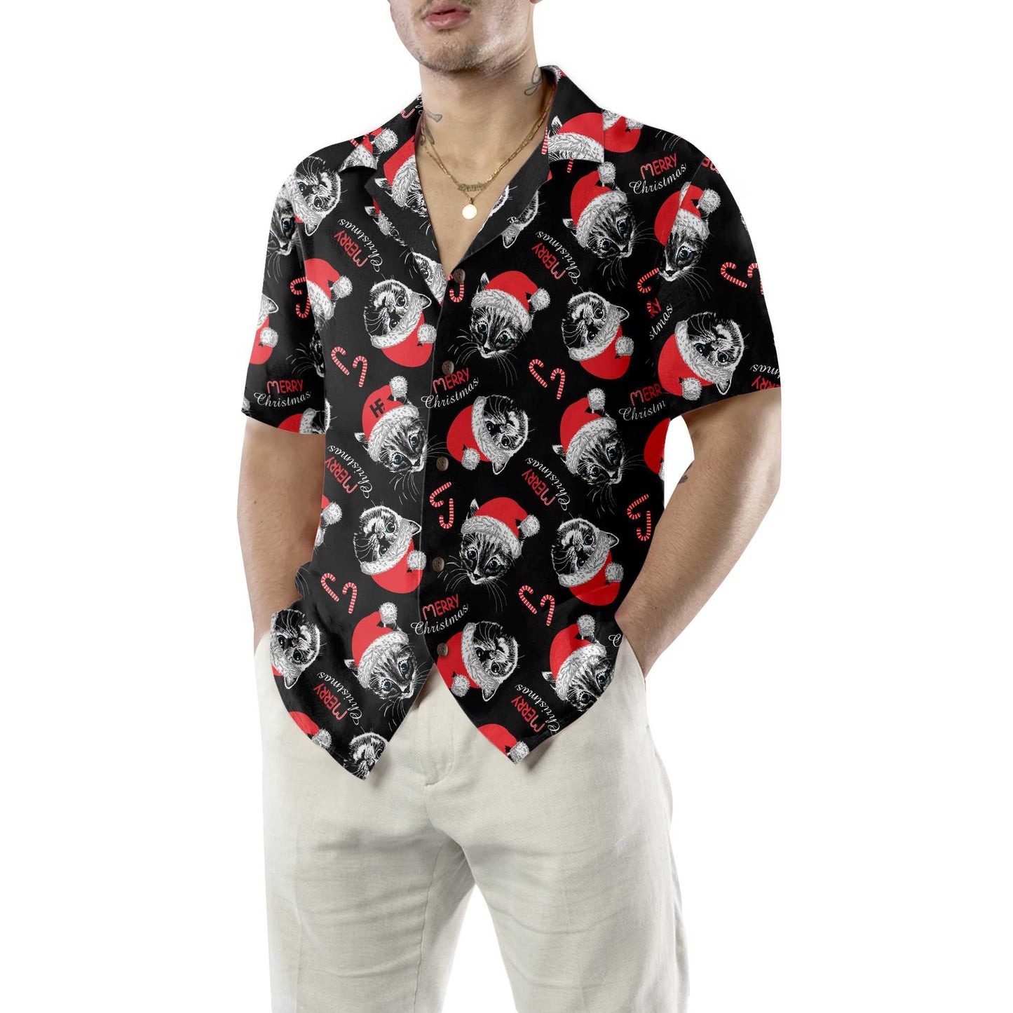 WW | Frohe Weihnachten Schwarzes Hawaiian-Shirt, Lustiges Weihnachtskatzen-Shirt, Beste Weihnachtsgeschenkidee