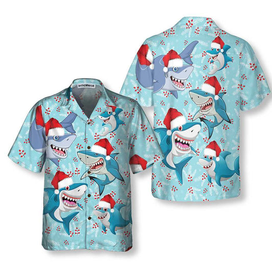 WW | Merry Christmas Shark Santa Hat Christmas Hawaiian Shirt, Funny Shark Hawaiian Shirt for Christmas Day