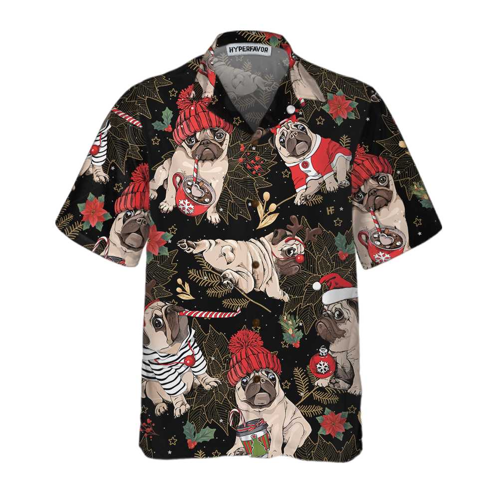 WW | Fröhliches Pug Party Hawaiihemd, Lustiges Weihnachtspug-Hundeshirt für Männer