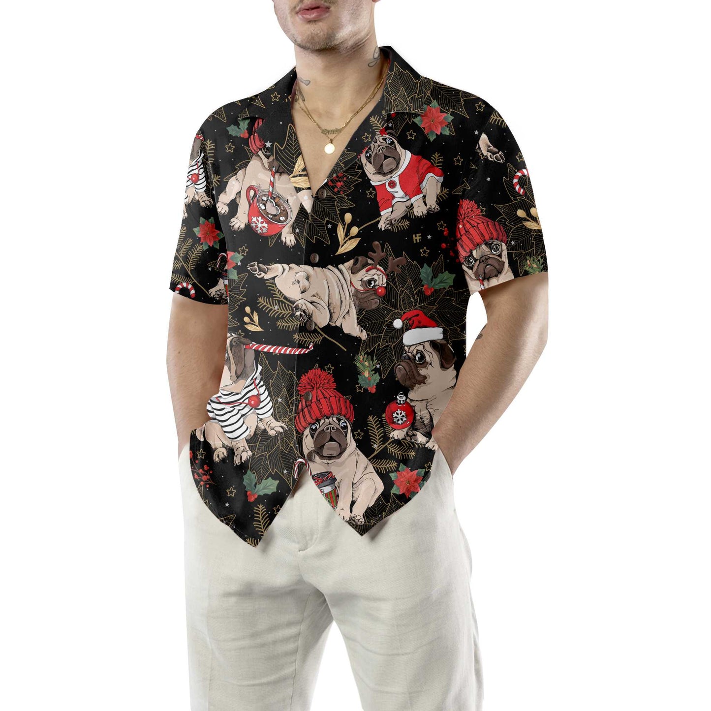 WW | Fröhliches Pug Party Hawaiihemd, Lustiges Weihnachtspug-Hundeshirt für Männer