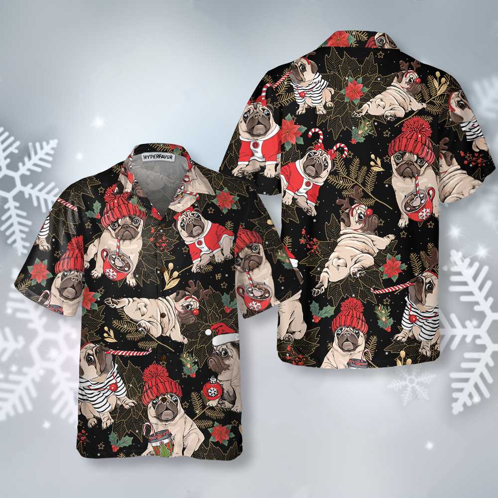 WW | Fröhliches Pug Party Hawaiihemd, Lustiges Weihnachtspug-Hundeshirt für Männer
