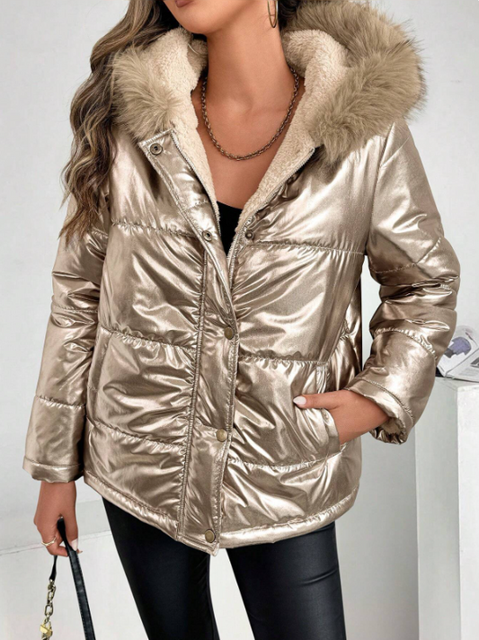 WW | Damen Metallic Pufferjacke mit Kapuze und Pelzkragen