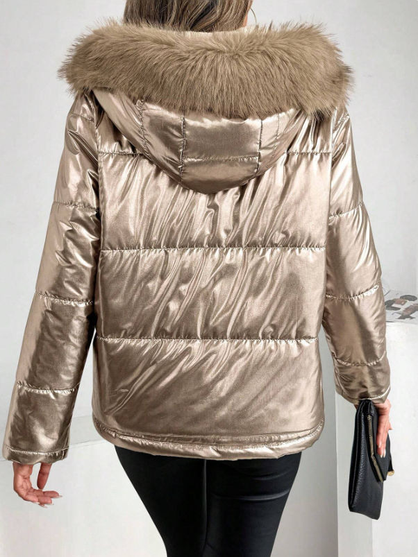WW | Damen Metallic Pufferjacke mit Kapuze und Pelzkragen