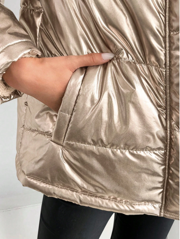 WW | Damen Metallic Pufferjacke mit Kapuze und Pelzkragen