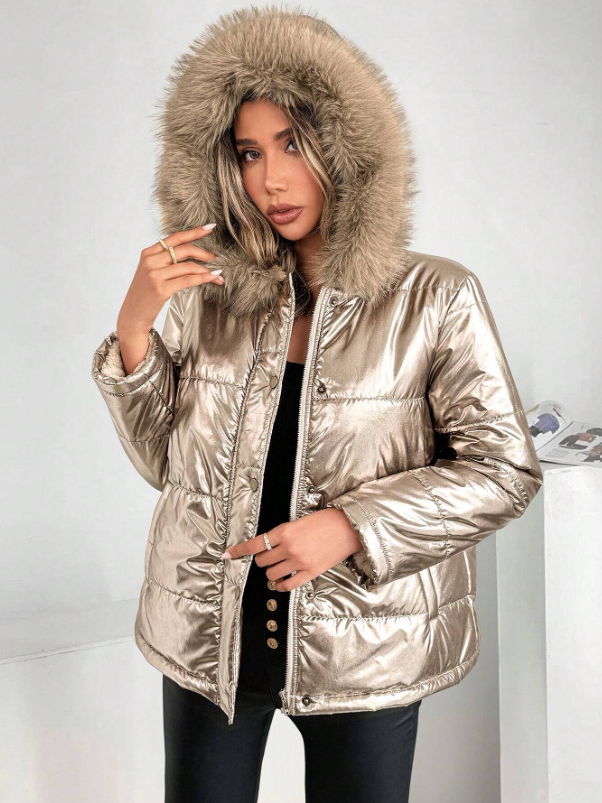 WW | Damen Metallic Pufferjacke mit Kapuze und Pelzkragen