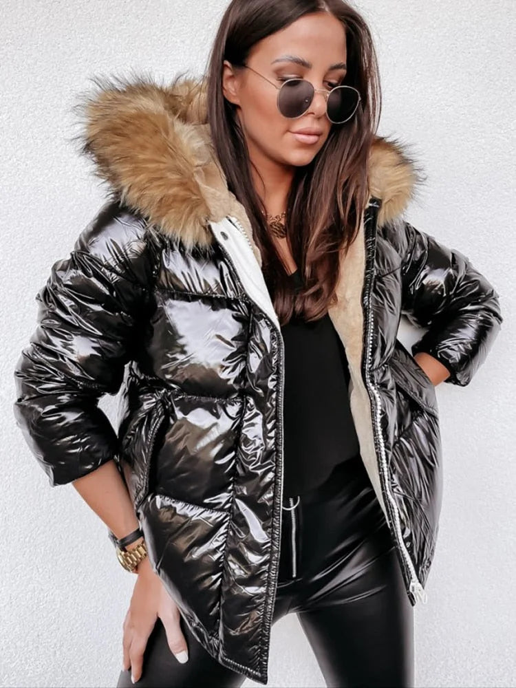 WW | Damen Metallic Pufferjacke mit Kapuze und Pelzkragen