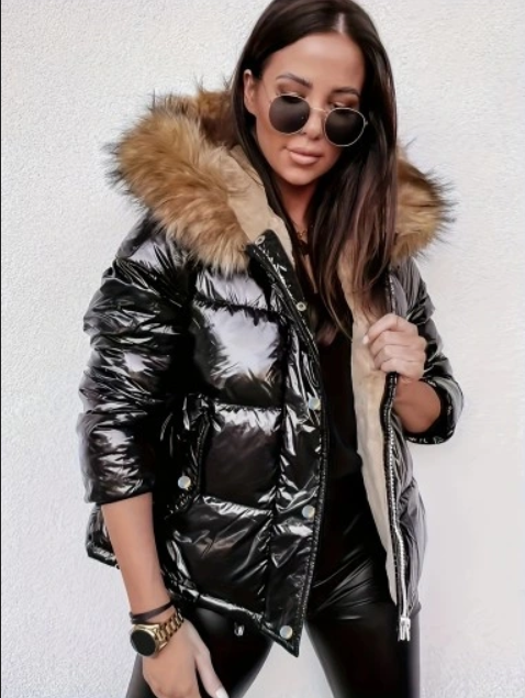 WW | Damen Metallic Pufferjacke mit Kapuze und Pelzkragen
