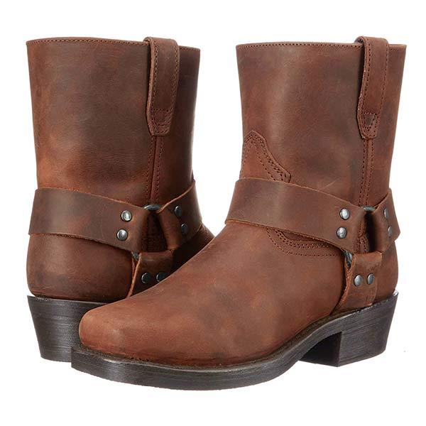 WW | Stylish Women's Leather Biker Boots – Black Mid-Cut Moto Shoes with Harness Design