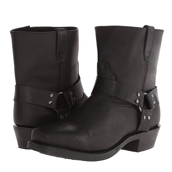WW | Stylish Women's Leather Biker Boots – Black Mid-Cut Moto Shoes with Harness Design