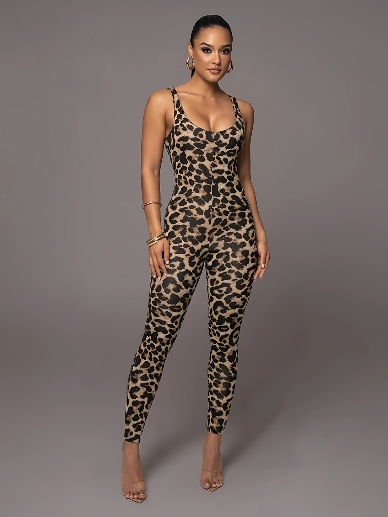 WW | Women's Leopard Print Jumpsuit Trendy Sporty High-Stretch Catsuit
