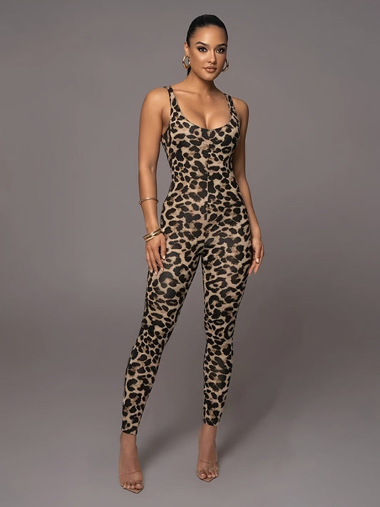 WW | Women's Leopard Print Jumpsuit Trendy Sporty High-Stretch Catsuit