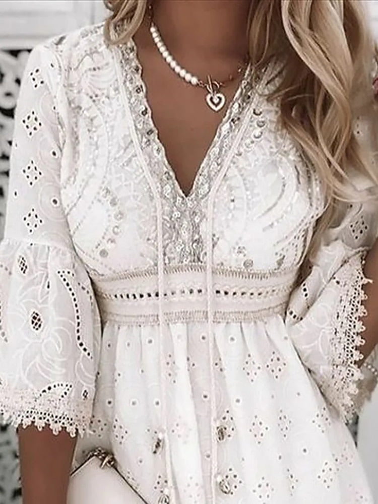 WW | Halbe Ärmel Boho Style Spitzenkleid Sommerkleid