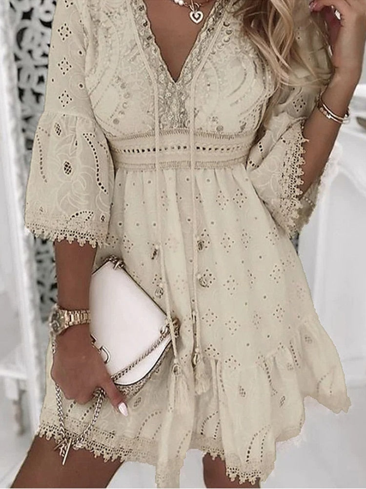 WW | Halbe Ärmel Boho Style Spitzenkleid Sommerkleid