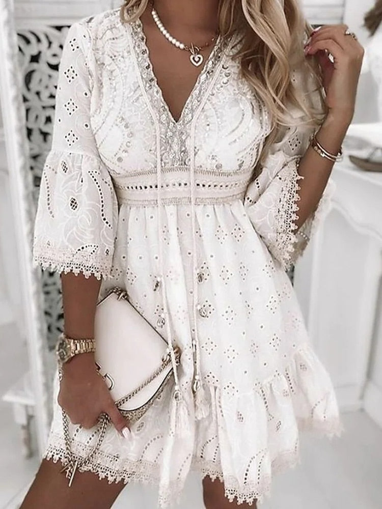 WW | Halbe Ärmel Boho Style Spitzenkleid Sommerkleid