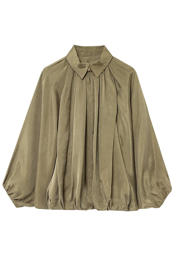 WW | Women's Casual Jacket with Lapels, Long Puff Sleeves, and Zipper