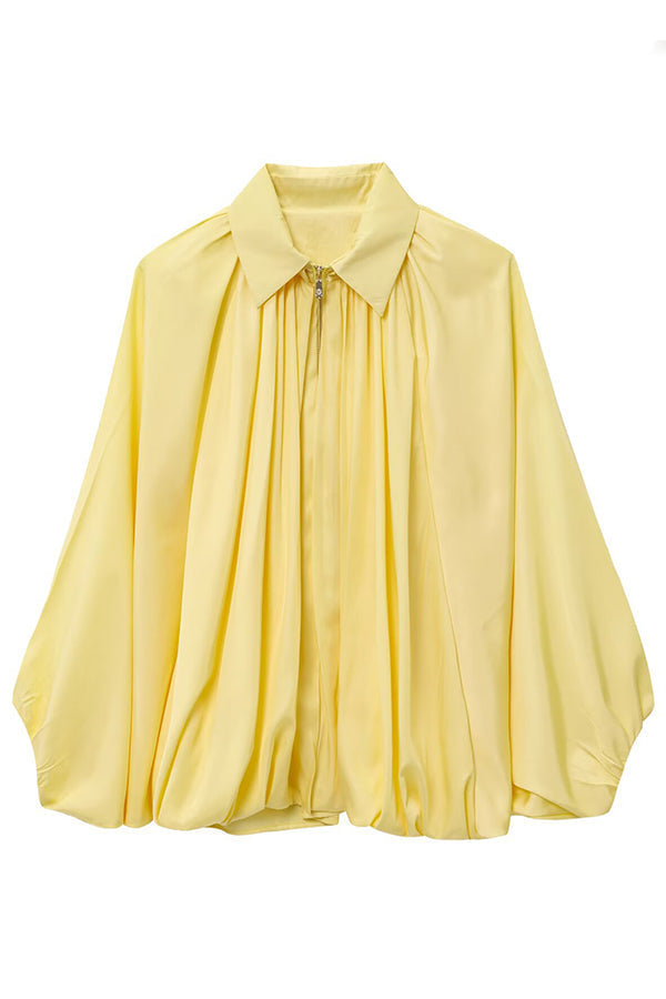 WW | Women's Casual Jacket with Lapels, Long Puff Sleeves, and Zipper