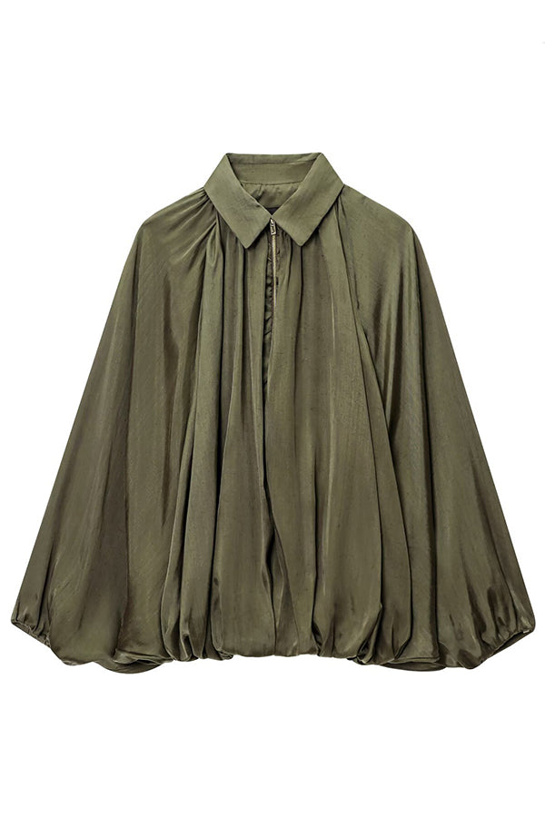 WW | Women's Casual Jacket with Lapels, Long Puff Sleeves, and Zipper