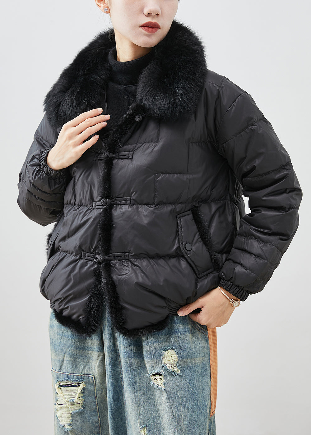 WW | Black Fox Collar Patchwork Mink Hair Duck Feather Puffer Coats Winter