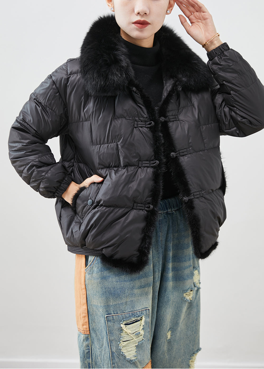 WW | Black Fox Collar Patchwork Mink Hair Duck Feather Puffer Coats Winter