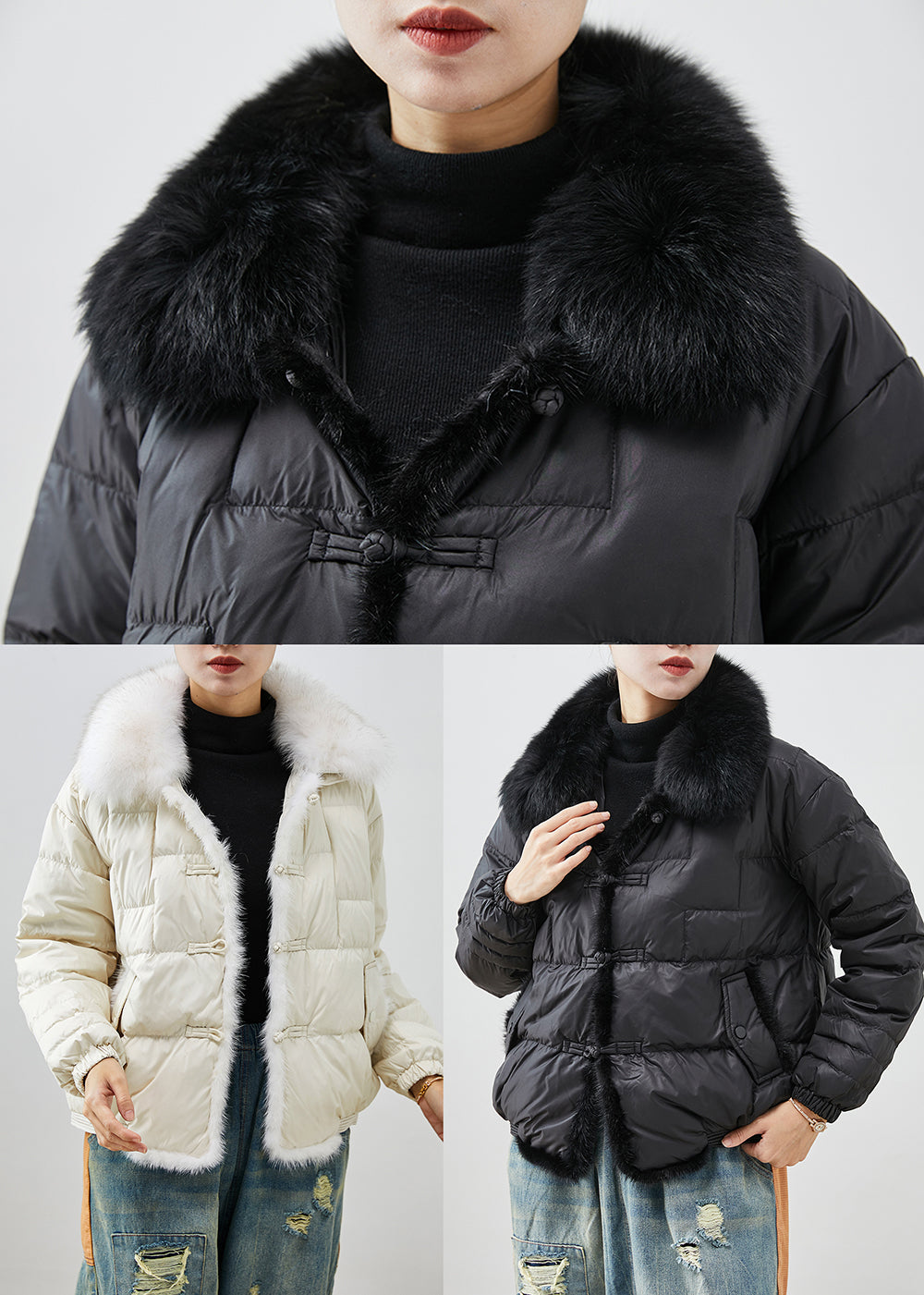 WW | Black Fox Collar Patchwork Mink Hair Duck Feather Puffer Coats Winter