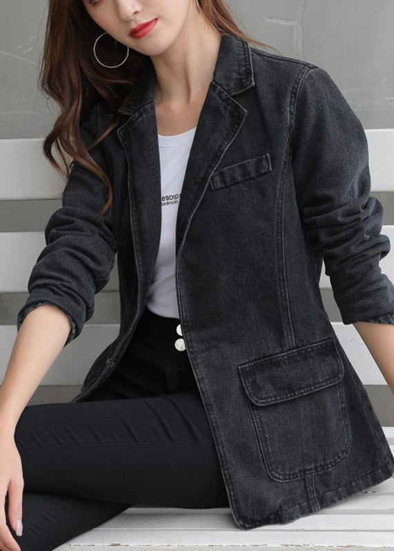 WW | Black Notched Pockets Patchwork Denim Coats Long Sleeves