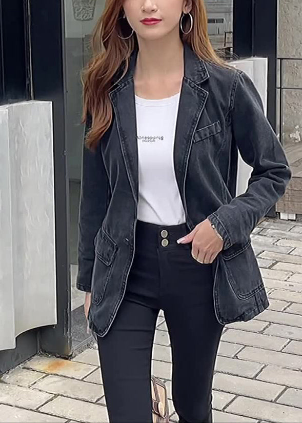 WW | Black Notched Pockets Patchwork Denim Coats Long Sleeves